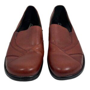 Clarks Women Red Leather Slip-On Loafers Clogs Comfortable Non-Slip Shoes SZ 6.5
